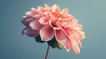 Soft focus of a beautiful pink dahlia flower in full bloom against a pale blue background. The petals wet with morning dew.