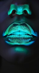 Naklejka premium Close-up image of human lips and teeth illuminated in neon blue and green light, showing details and textures
