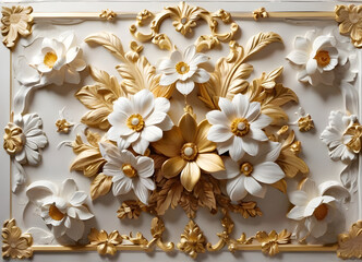 Illuminate a plaster wall with an elegant decorative texture, adorned with voluminous floral motifs and shimmering golden waves, subtle golden flowers, modern luxury wall, abstract floral background