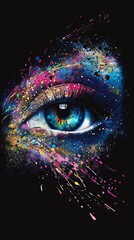 Detailed eye artwork against a black backdrop accentuated with multicolored paint splatters for a bold effect