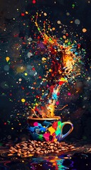 A whirlwind of colors explodes from a coffee cup, set against a dark backdrop with floating beans