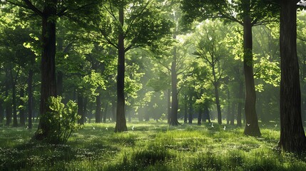 The sun shines through the tall trees in the forest. The lush green leaves of the trees create a dense canopy that blocks out most of the sunlight.