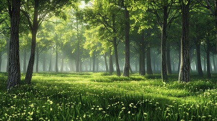 A lush green forest with a vibrant understory of wildflowers. The trees are tall and majestic,...
