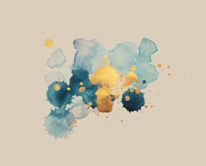 Blue and Gold bronze glitter brushstroke watercolor painting blot drop smear. Abstract glow shine stain on white background.