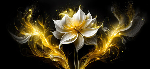 Abstrakcyjny wzór, motyw kwiatowy. Dekoracja scienna, tapeta. Złoty i biały kolor kwiatu - obrazy, fototapety, plakaty