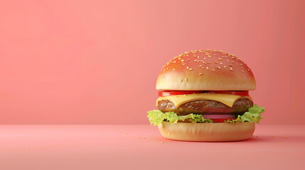 A delicious cheeseburger with lettuce, tomato, and onion on a sesame seed bun. The burger is sitting on a pink background. - Powered by Adobe