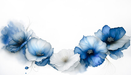 Ilustracja motyw kwiatowy. Niebieskie i białe kwiaty na białym tle. Tapeta kwiaty, puste miejsce na tekst. Tło kwiatowe, abstrakcyjny wzór - obrazy, fototapety, plakaty