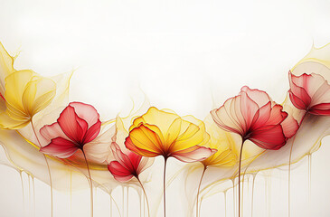 Ilustracja motyw kwiatowy. Czerwone i żółte kwiaty na białym tle. Tapeta kwiaty, puste miejsce na tekst. Tło kwiatowe, abstrakcyjny wzór - obrazy, fototapety, plakaty