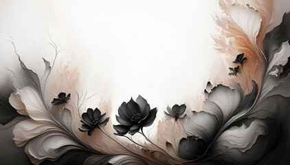 Ilustracja motyw kwiatowy. Czarne kwiaty na białym tle. Tapeta kwiaty, puste miejsce na tekst. Tło kwiatowe, abstrakcyjny wzór - obrazy, fototapety, plakaty