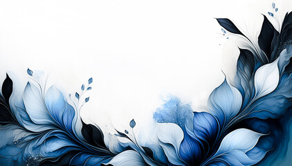Ilustracja motyw kwiatowy. Niebieskie kwiaty na białym tle. Tapeta kwiaty, puste miejsce na tekst. Tło kwiatowe, abstrakcyjny wzór - obrazy, fototapety, plakaty