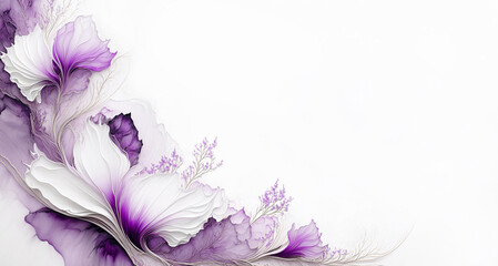 Ilustracja motyw kwiatowy. Fioletowe kwiaty na białym tle. Tapeta kwiaty, puste miejsce na tekst. Tło kwiatowe, abstrakcyjny wzór - obrazy, fototapety, plakaty