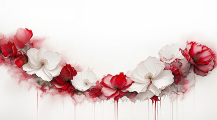 Ilustracja motyw kwiatowy. Czerwone i białe kwiaty na białym tle. Tapeta kwiaty, puste miejsce na tekst. Tło kwiatowe, abstrakcyjny wzór - obrazy, fototapety, plakaty