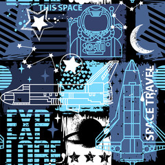 Hand drawn space seamless pattern. Vector doodle illustration. Background for boys with cartoon rockets, planets, stars, spaceship and astronaut