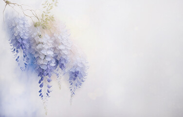 Wisteria niebieskie kwiaty na białym tle. Motyw kwiatowy. Kartka na zaproszenie. Puste miejsce na tekst. Ilustracja, dekoracyjny papier - obrazy, fototapety, plakaty