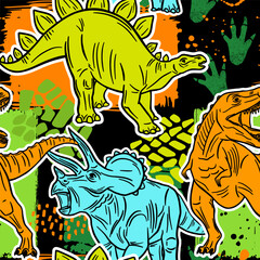 Grunge seamless pattern with dinosaurs and footprints on black background. Bright Print for boys.	