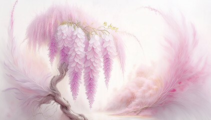 Wisteria różowe kwiaty, ilustracja. Wiosenny motyw kwiatowy, pastelowe kolory