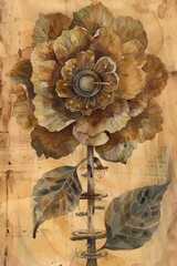 A captivating steampunk illustration features a large flower with a mechanical stem composed of gears and cogs. The vintage background with musical notes and faded text adds to the industrial