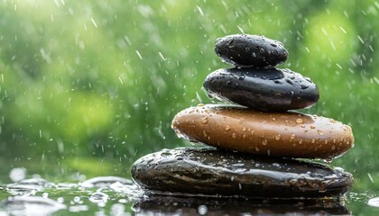 stack of zen stones in the rain