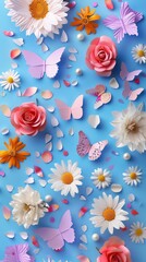 Colorful paper crafted flowers and butterflies artfully arranged on a vibrant blue background for creative display