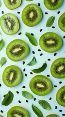 Freshly sliced kiwi fruit in a neat pattern with seeds and green leaves, providing a natural and organic feel