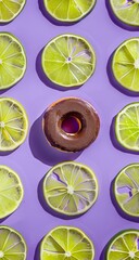 A delicious chocolate doughnut in the middle surrounded by symmetrically arranged lime halves on a purple backdrop