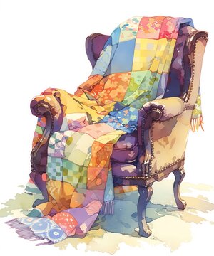 A detailed sketch of a handpieced quilt draped over a farmhouse chair, patchwork of colors and patterns, vivid watercolor, white background, 100% isolate