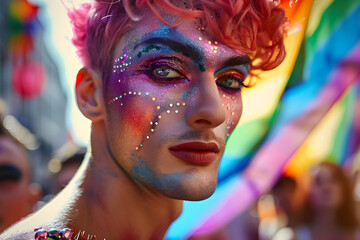Individual at a gay pride parade showcasing vibrant makeup and pink hair, embodying freedom and diversity.