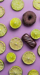 A chocolate éclair and crumbly doughnut arranged among vibrant green lime slices on purple surface