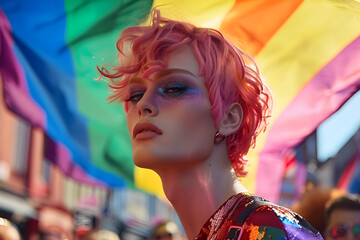 Naklejka premium Vibrant scene at a pride parade with a person sporting pink hair and dramatic makeup, embodying gender diversity and the spirit of LGBTQ+ rights.
