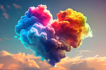 A colorful heart-shaped cloud in a vibrant sky, ideal for themes of love, romance, and Valentine's Day. - obrazy, fototapety, plakaty