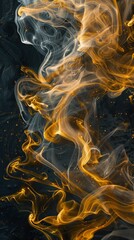 Abstract image of swirling golden smoke patterns on a dark black background, giving a sense of mystery and elegance