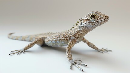 A small lizard with brown and gray scales is isolated on a white background. The lizard has its mouth closed and is looking to the right of the frame. - Powered by Adobe