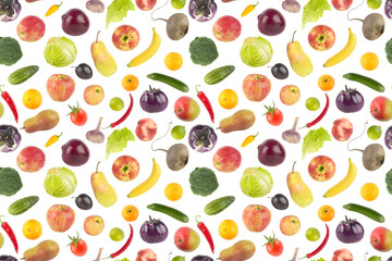 Big set fresh fruits and vegetables isolated on white. Seamless pattern. - 789626389