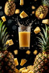 Exquisitely captured moment of pineapple pieces and juice creating an energetic splash around a glass, showcasing motion and freshness