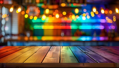Vibrant indoor bar scene with rainbow flag and bokeh lights, ideal for LGBT pride event design and marketing. - obrazy, fototapety, plakaty