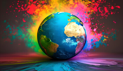 Obraz na płótnie Canvas A 3D rendering of Earth with a vibrant, multicolored splatter effect, indicative of creativity and global celebration.