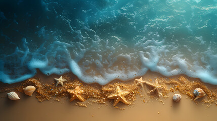 Seashells and starfish on the beach with approaching waves. Overhead view. Marine life and beach holiday concept for banner, poster, or wallpaper design - obrazy, fototapety, plakaty
