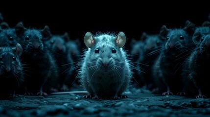 A terrestrial animal with whiskers stands among a crowd of rats