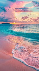 A serene and colorful seascape depicts a tranquil beach with gentle waves under a splendid pastel sunset, evoking calmness and natural beauty