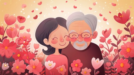 Granddaughter and grandfather sharing a joyful moment. Illustrated greeting card design. Family and love concept with copy space for text