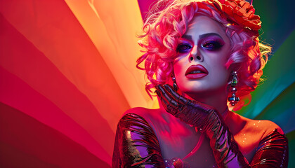 Vibrant portrait of a drag queen with theatrical makeup, evocative of LGBTQ+ cabaret or Pride Month events.