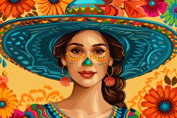 Mexican woman celebrating Cinco de mayo Day. Mexican woman. Mexico independence illustration. Cinco de mayo illustration. Mexican sombrero. Mexican woman Cinco de mayo Day. 