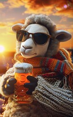 A whimsical cartoon sheep wearing sunglasses and a scarf enjoys a pint of beer against a sunset