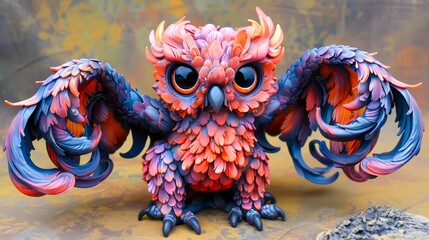 A photograph of a colorful owl with its wings spread