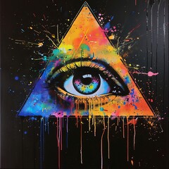 An eye centered within a vibrant painted pyramid, conveying creativity and vision amidst a splashy and bold artwork