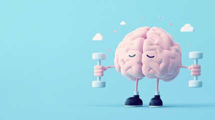 A human brain with arms and legs, wearing sneakers, lifting dumbbells, with a content expression, on a blue background with white clouds. Copy space.