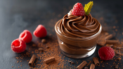 Chocolate mousse in a glass topped with a fresh raspberry and mint leaf, surrounded by cocoa...