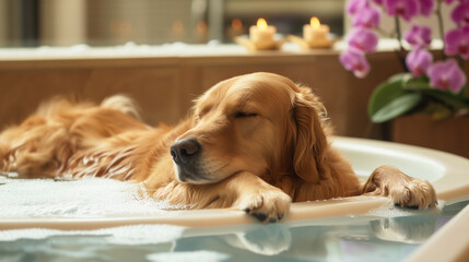 A golden retriever dog relaxing in a bathtub with a towel, surrounded by lit candles and orchid flowers.