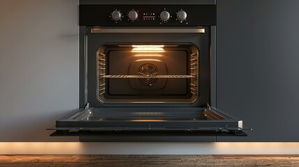 The image shows a clean and modern oven. The oven is black and has a sleek design. The oven is open and the light is on. - obrazy, fototapety, plakaty