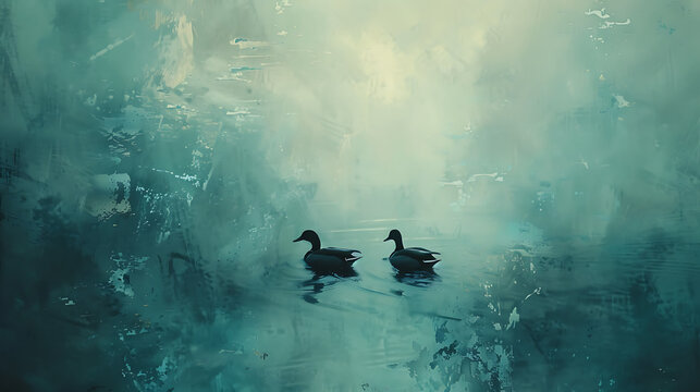 Picturesque turquoise backdrop, two serene ducks float under dawn's first light, hand-painted scene evoking tranquility and nature's awakening